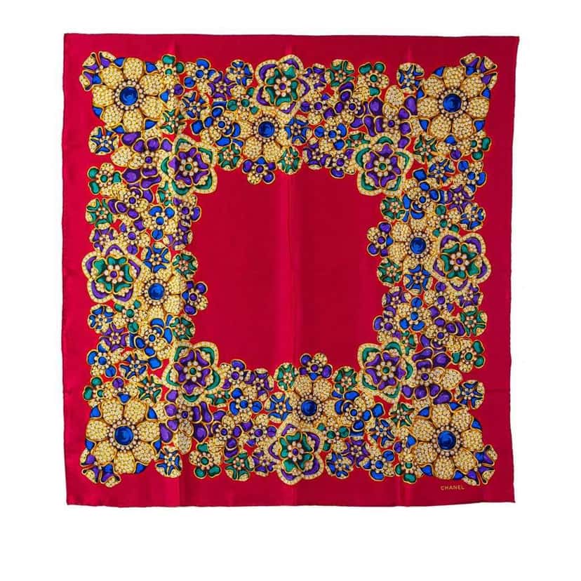 Chanel Gripoix Buttons Silk Scarf Red Silk Good condition - Front View