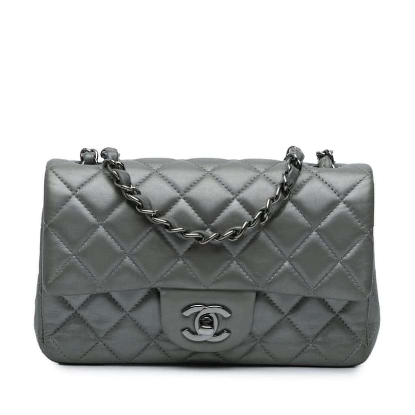 Chanel Mini Rectangular Classic Lambskin Single Flap Silver Leather Good condition - Front View