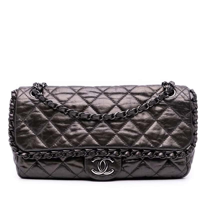 Chanel Medium Quilted Metallic Aged Calfskin Chain Me Flap Grey Leather Good condition - Front View