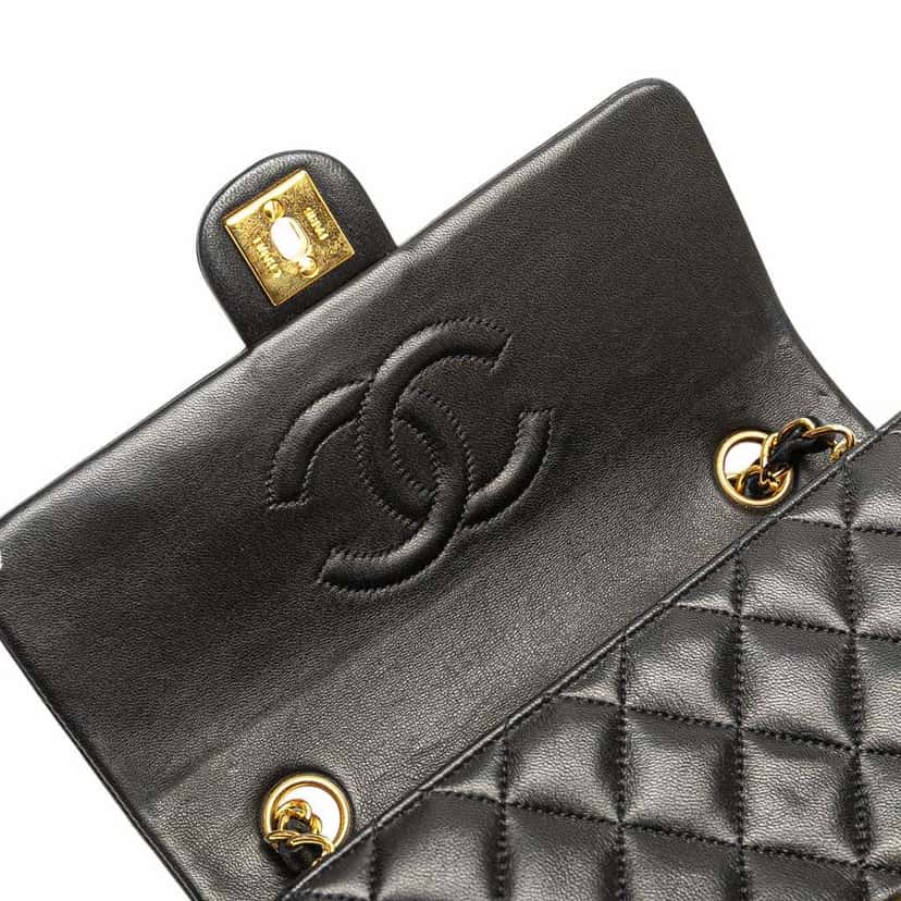 Chanel Square Quilted Lambskin Single Flap Black Leather Good condition - Box View