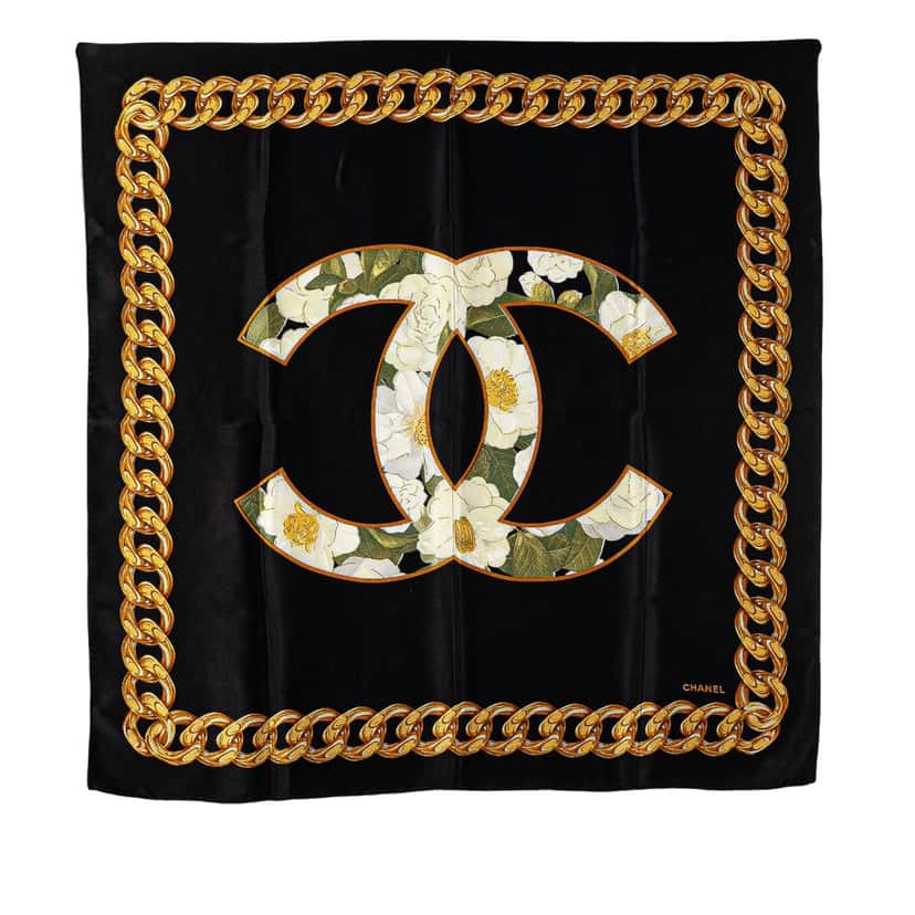Chanel CC Camellia and Chain Print Silk Scarf Black Silk Good condition - Front View