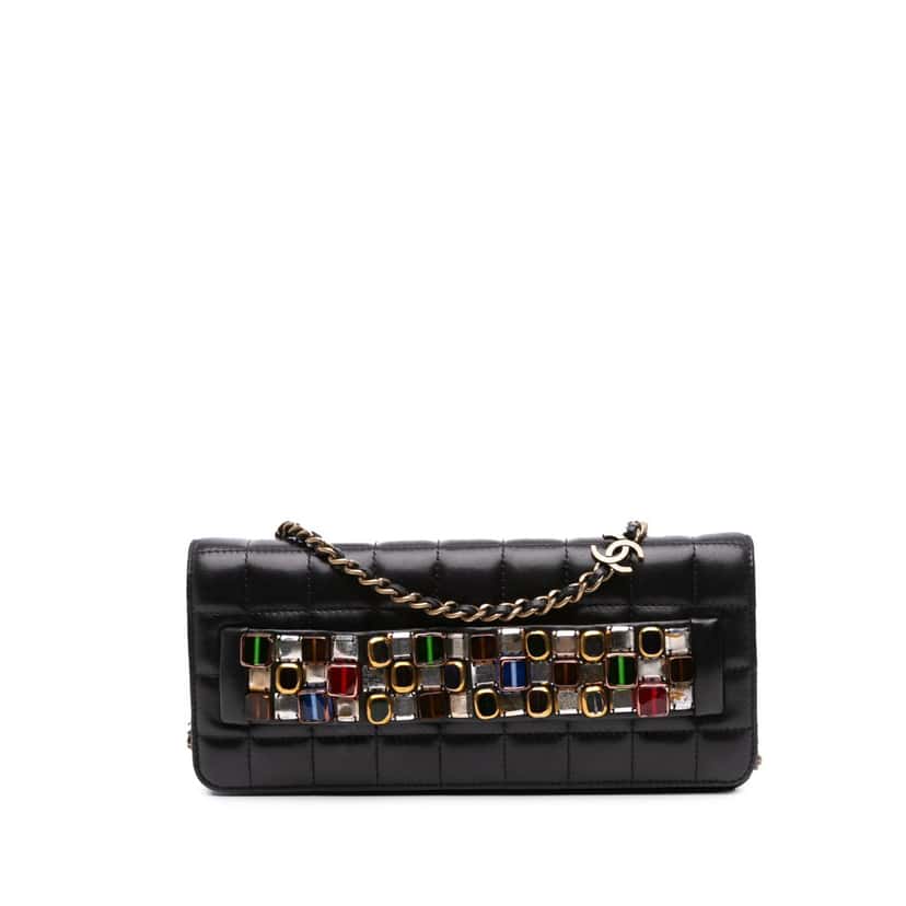 Chanel Paris Byzance Lambskin Jeweled Evening Clutch with Chain Black Leather Good condition - Front View