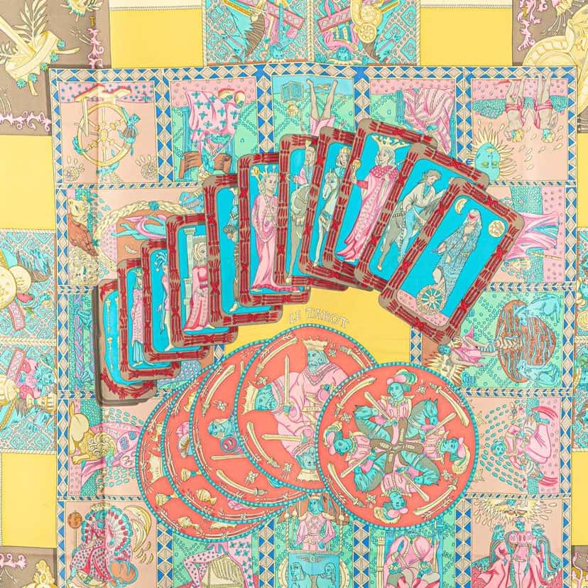 Hermès Le Tarot Silk Scarf Yellow Silk Good condition - Box View