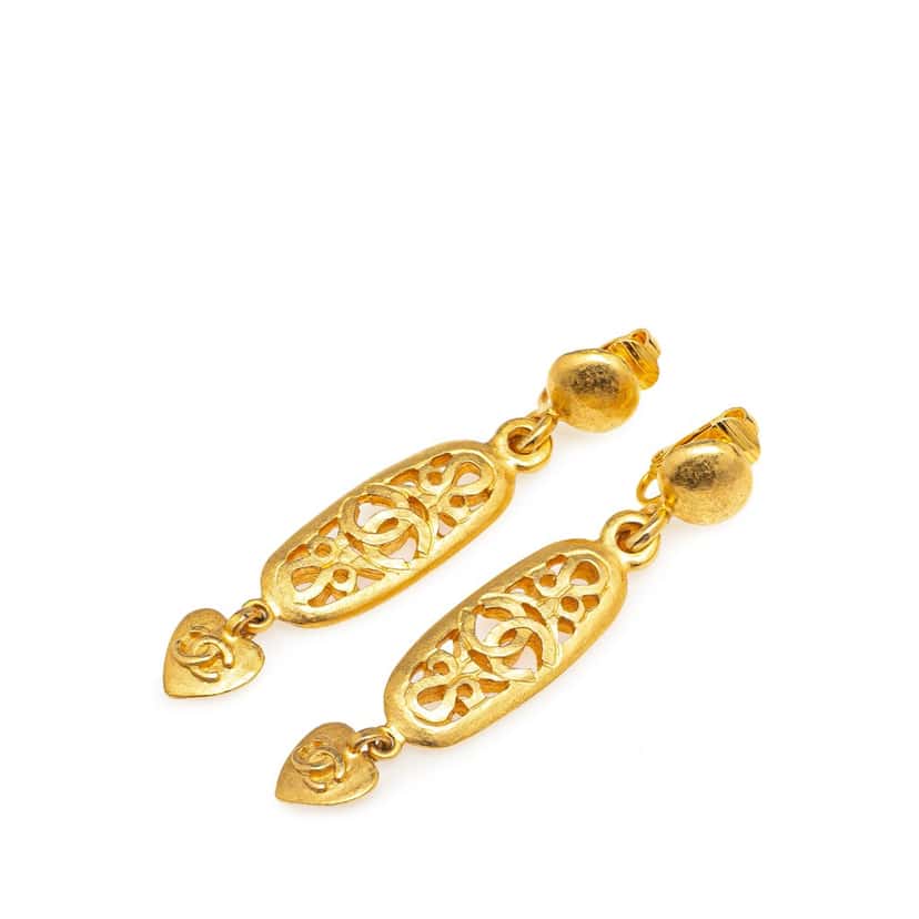Chanel Gold Plated CC Mini Heart Swing Clip On Earrings Gold Metal Good condition - Front View