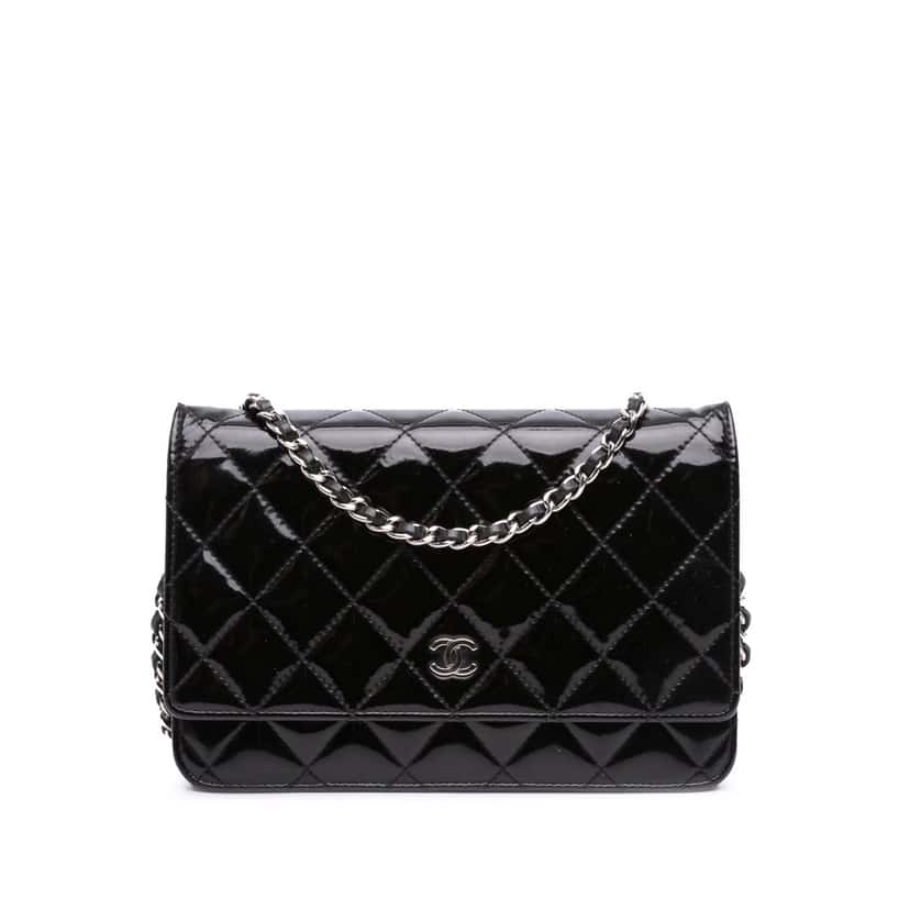 Chanel CC Quilted Patent Wallet On Chain Black Leather Good condition - Front View