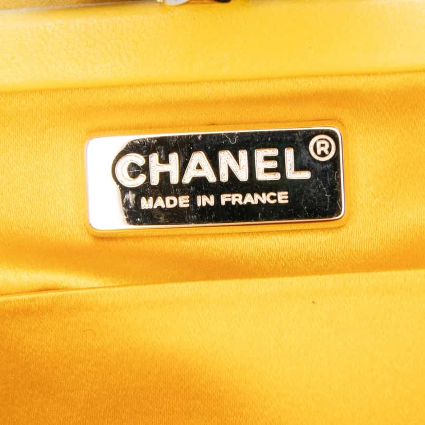 Chanel Satin Crystal Camellia Evening Frame Clutch Yellow Satin Very good condition - Box View