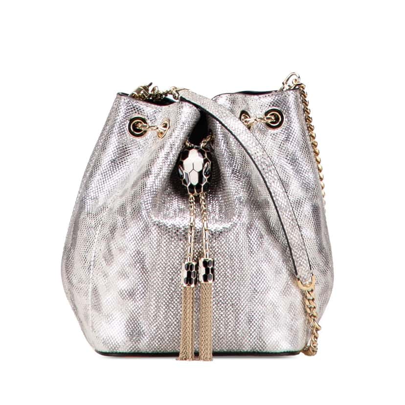 Bvlgari Metallic Karung Serpenti Forever Bucket Bag Silver Leather Good condition - Front View