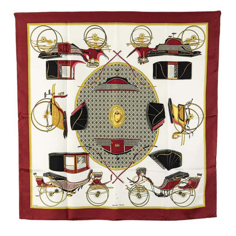 Hermès Les Voitures a Transformation Silk Scarf White Silk Good condition - Front View
