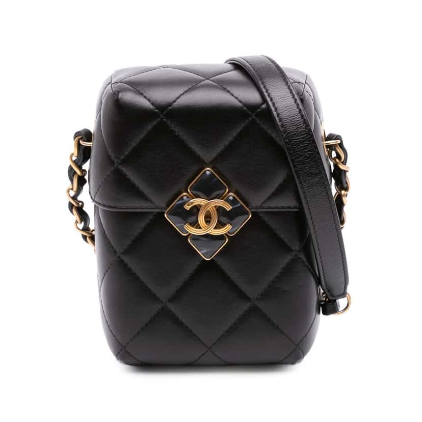Chanel Mini Quilted Lambskin Diamond Lock Phone Holder Black Leather Good condition - Front View