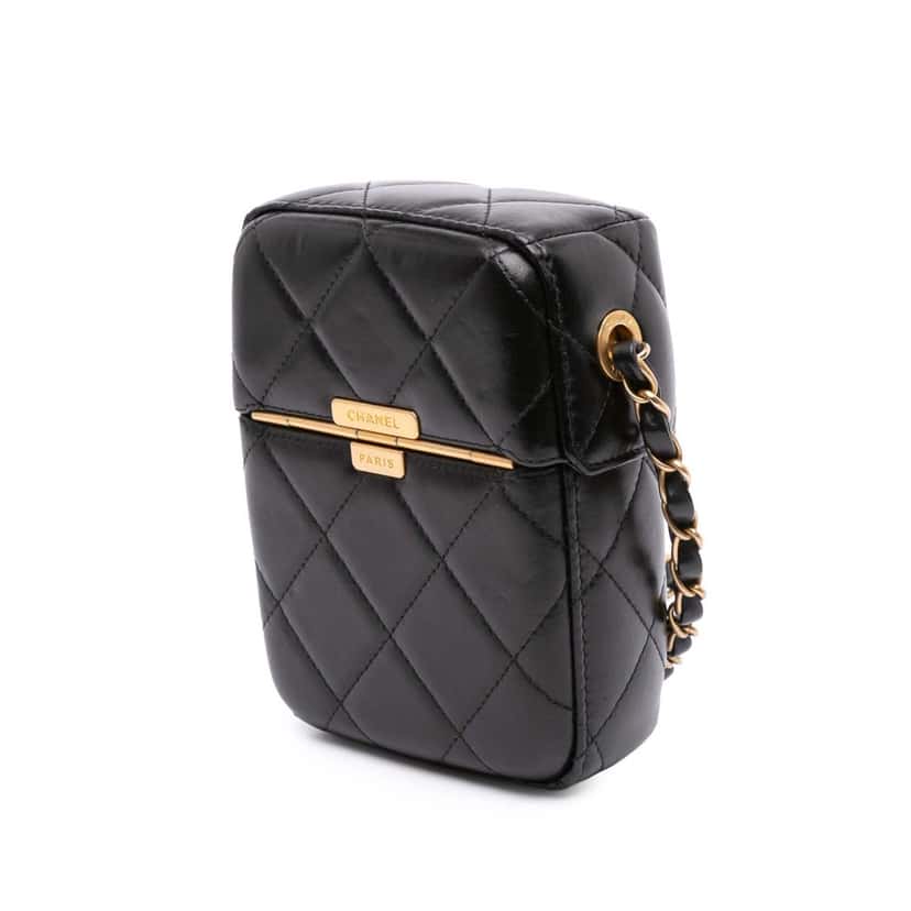 Chanel Mini Quilted Lambskin Diamond Lock Phone Holder Black Leather Good condition - Back View