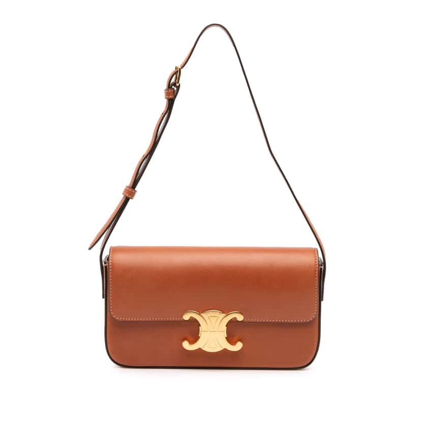 Celine Shiny Calfskin Claude Shoulder Bag Brown Leather Good condition - Front View