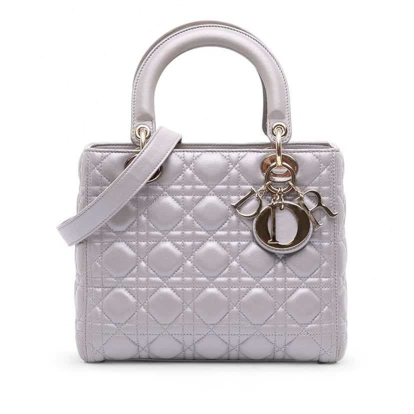 Dior Medium Pearlescent Lambskin Cannage Lady Dior Grey Leather Good condition - Front View