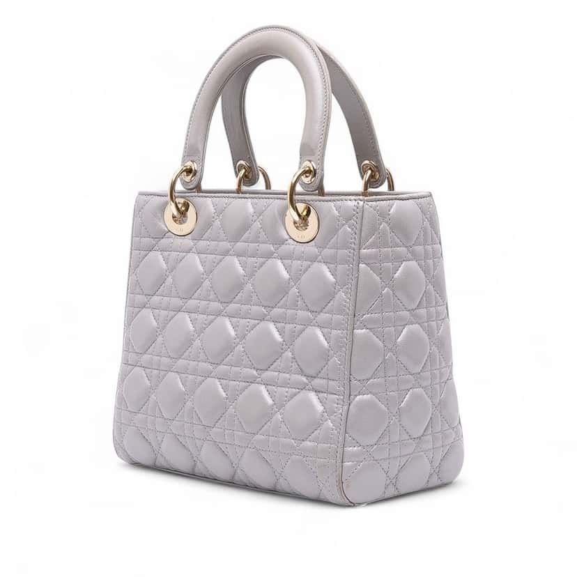 Dior Medium Pearlescent Lambskin Cannage Lady Dior Grey Leather Good condition - Back View
