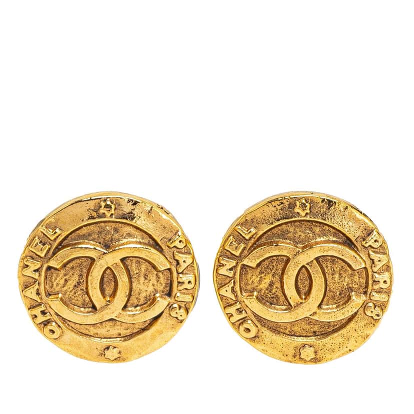 Chanel Gold Plated CC Round Clip On Earrings Gold Metal Good condition - Front View