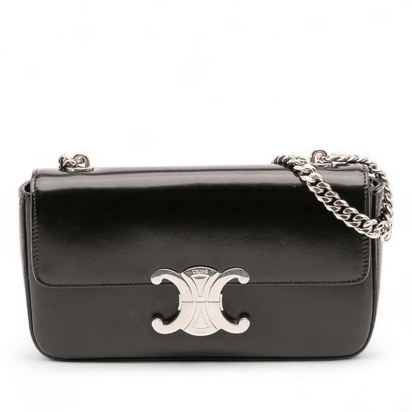 Celine Shiny Calfskin Claude Chain Shoulder Bag Black Leather Good condition - Front View