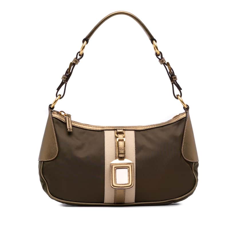 Prada Saffiano Trimmed Tessuto Stripe Shoulder Bag Brown Good condition - Front View