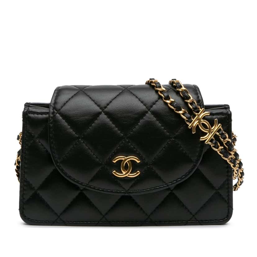 Chanel Mini CC Quilted Lambskin Phone Holder On Chain Black Leather Good condition - Front View