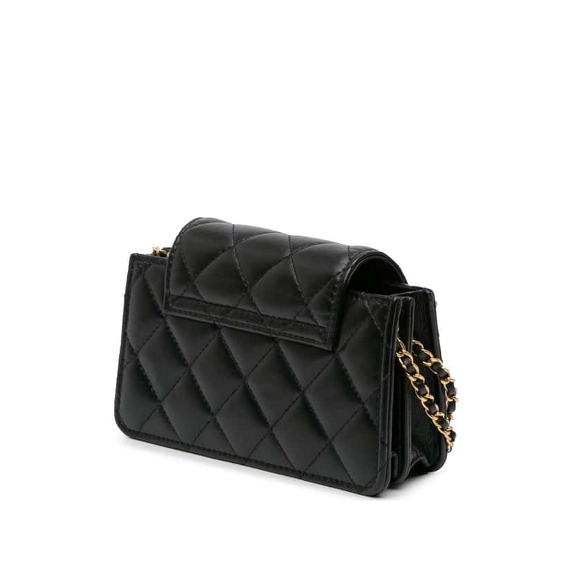 Chanel Mini CC Quilted Lambskin Phone Holder On Chain Black Leather Good condition - Back View