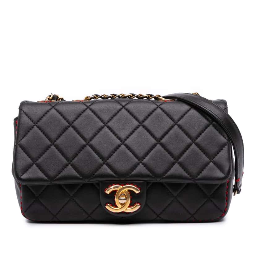 Chanel CC Quilted Lambskin Contrast Stitch Single Flap Black Leather Good condition - Front View