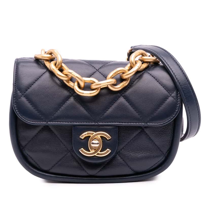 Chanel Mini CC Quilted Calfskin Round Moon Messenger Flap Blue Leather Good condition - Front View