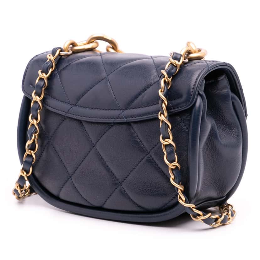 Chanel Mini CC Quilted Calfskin Round Moon Messenger Flap Blue Leather Good condition - Back View