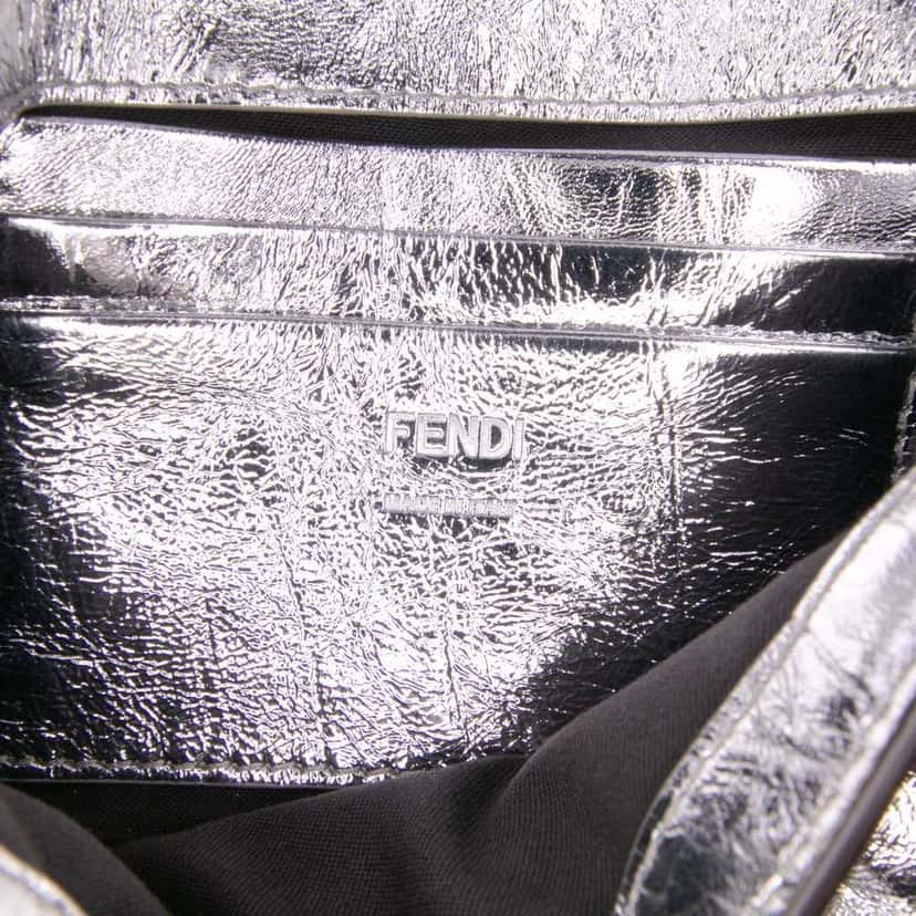 Fendi Mini Zucca Embossed Metallic Leather Baguette Satchel Silver Leather Good condition - Box View