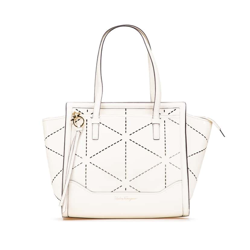 Salvatore Ferragamo Medium Perforated Leather Amy Tote White Leather Good condition - Front View