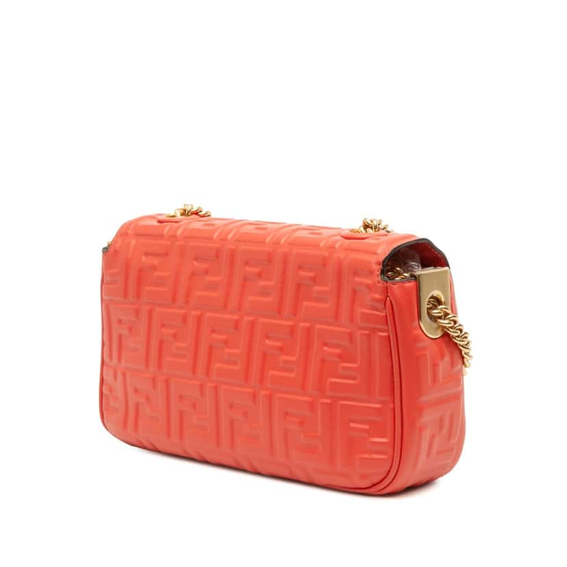Fendi Zucca Embossed Leather Chain Midi Baguette Orange Leather Good condition - Back View