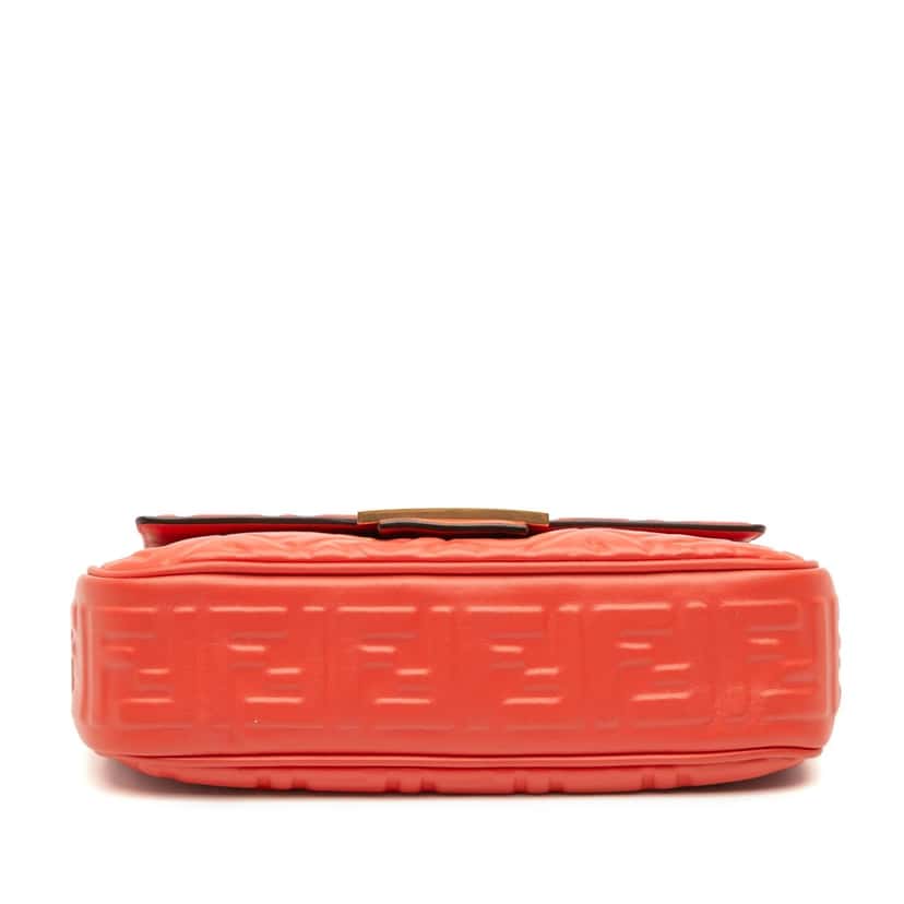 Fendi Zucca Embossed Leather Chain Midi Baguette Orange Leather Good condition - Inside View