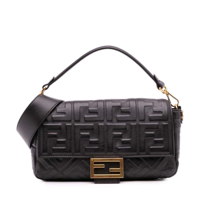 Fendi Zucca Embossed Leather Baguette Satchel Black Leather Good condition - Front View