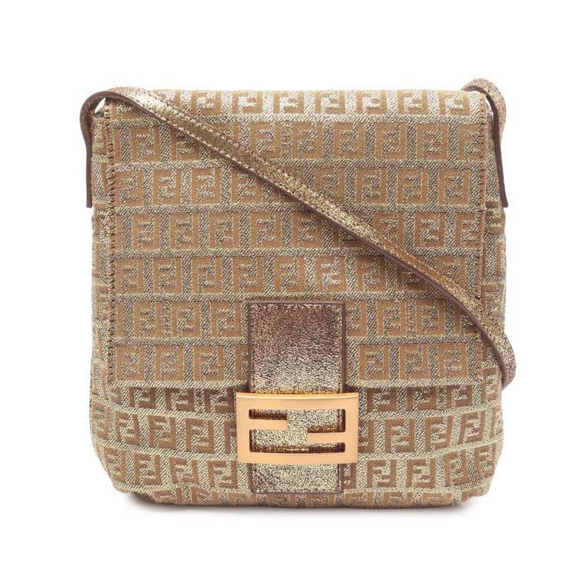 Fendi Zucchino Metallic Canvas Flap Crossbody Gold Canvas Good condition - Front View