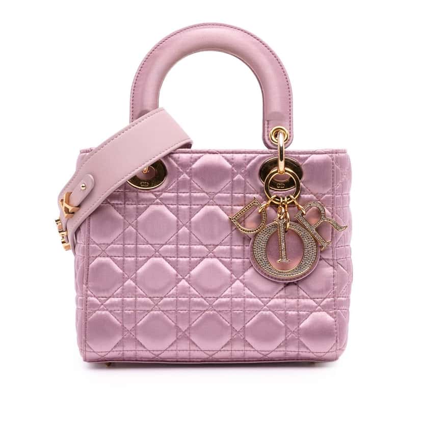 Dior Small Satin Cannage Swarovski Lady Dior Pink Satin Good condition - Front View
