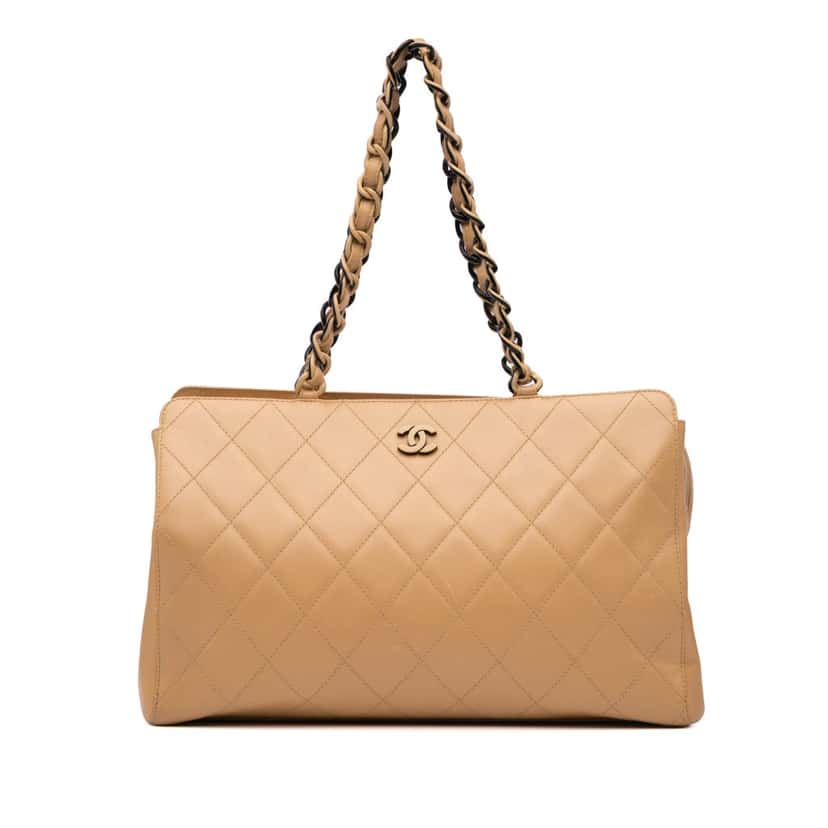Chanel CC Quilted Lambskin Chain Shoulder Bag Brown Leather Good condition - Front View
