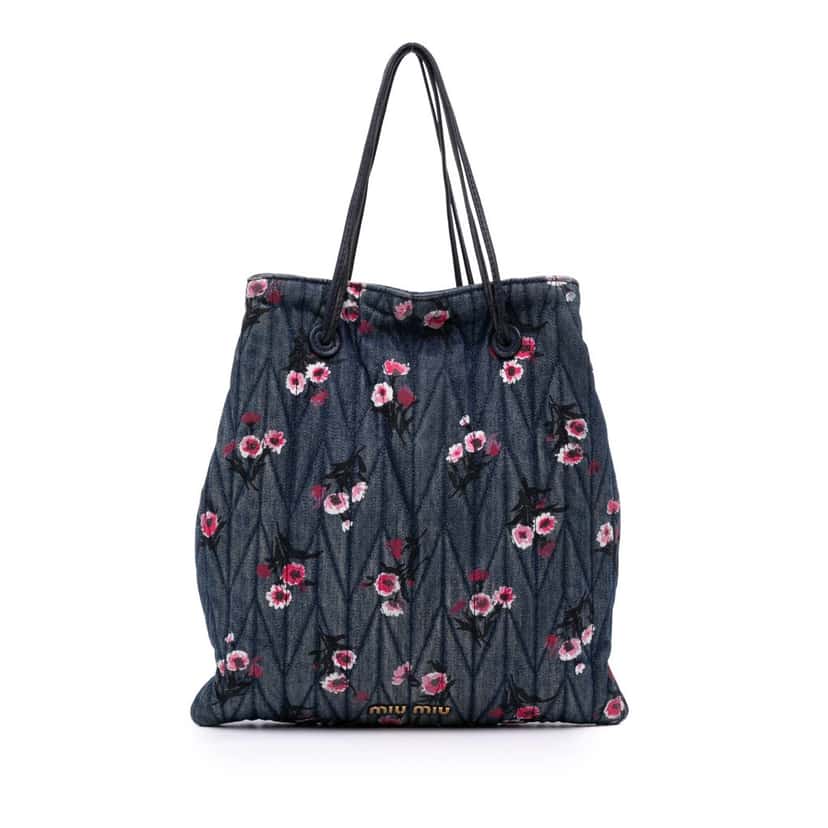 Miu Miu Matelasse Embroidered Denim Shoulder Bag Blue Denim Good condition - Front View