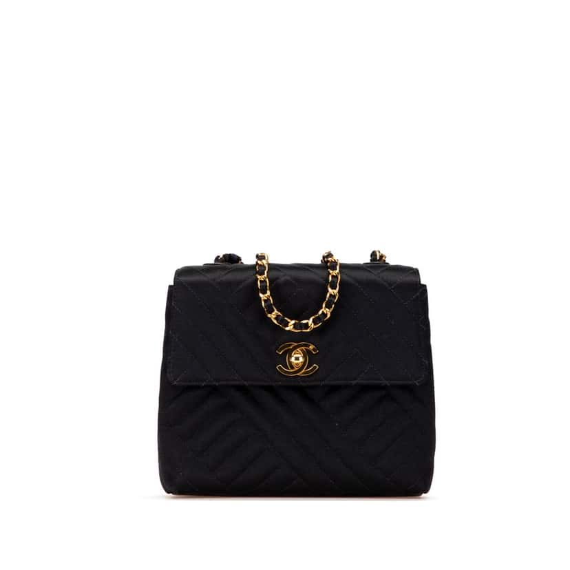 Chanel Mini Square Diagonal Quilted Satin Single Flap Black Satin Very good condition - Front View