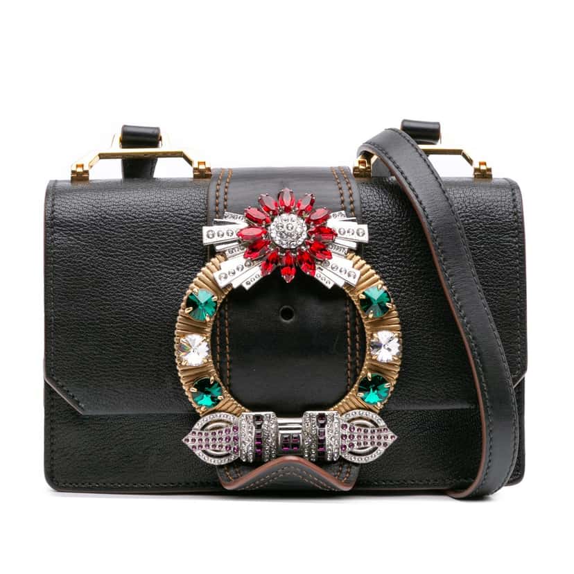 Miu Miu Goatskin Madras Soft Calf Crystal Embellished Crossbody Black Leather Good condition - Front View