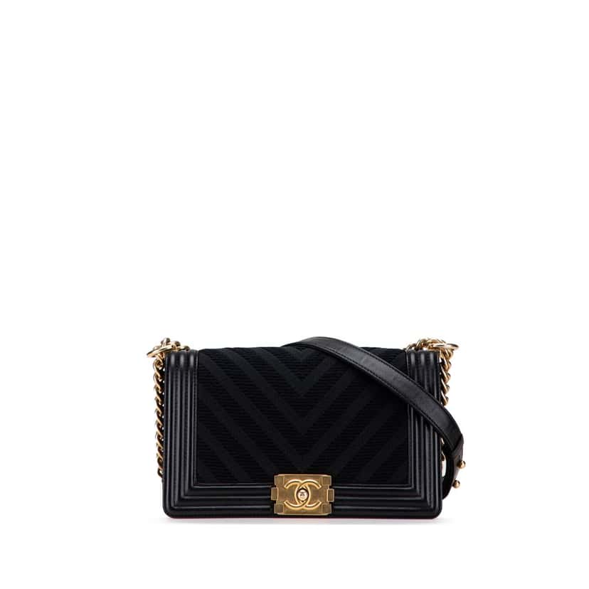 Chanel Old Medium Braided Chevron Cotton and Lambskin Boy Flap Black Cotton Good condition - Front View