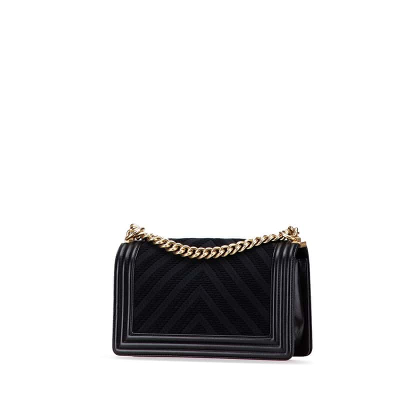 Chanel Old Medium Braided Chevron Cotton and Lambskin Boy Flap Black Cotton Good condition - Back View