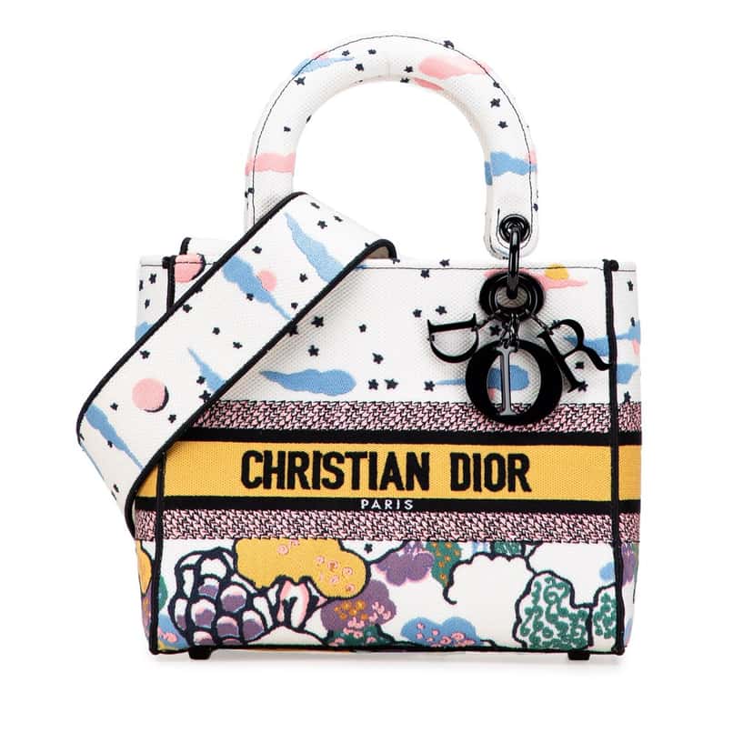 Dior Medium Canvas Embroidered Ciel De Reve Lady D Lite White Canvas Good condition - Front View