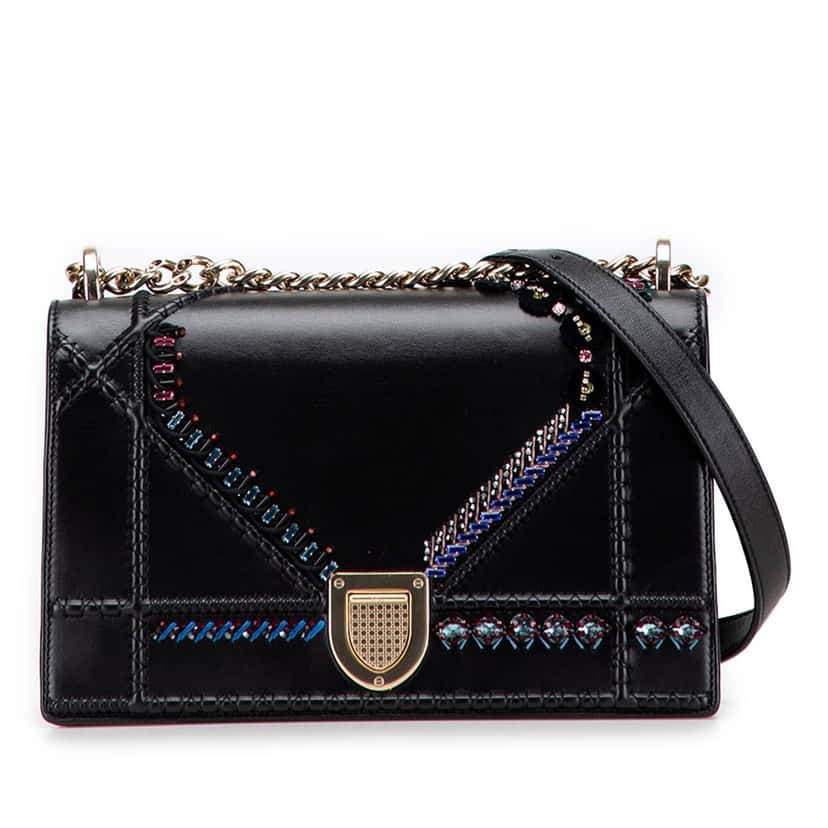 Dior Medium Calfskin Crystal Embroidered Diorama Flap Black Leather Good condition - Front View
