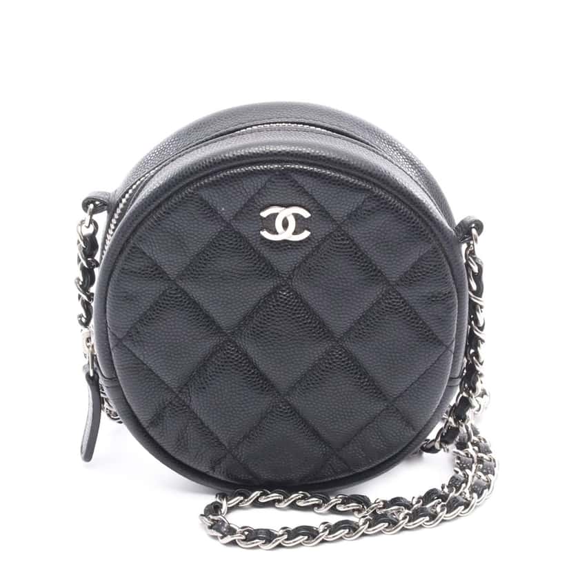 Chanel CC Quilted Caviar Round Clutch With Chain Black Leather Good condition - Front View