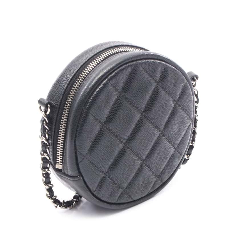Chanel CC Quilted Caviar Round Clutch With Chain Black Leather Good condition - Back View