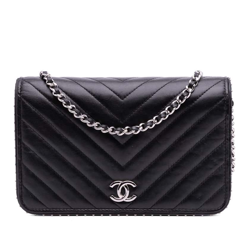 Chanel Chevron Lambskin Studded Wallet On Chain Black Leather Good condition - Front View