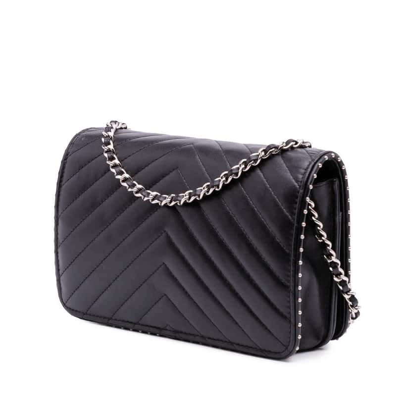 Chanel Chevron Lambskin Studded Wallet On Chain Black Leather Good condition - Back View