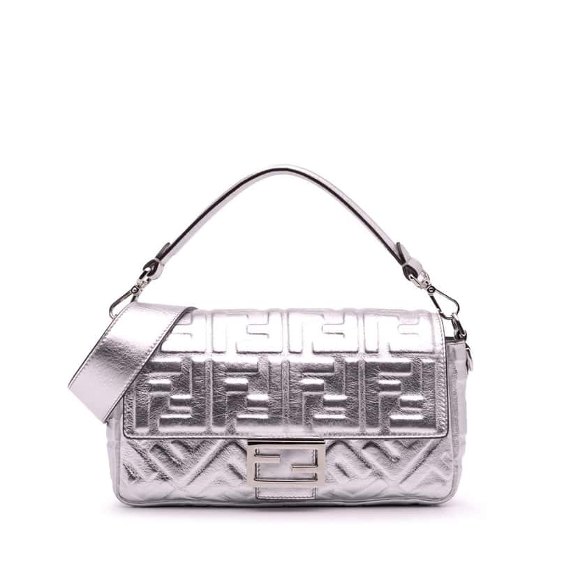 Fendi Zucca Embossed Leather Baguette Satchel Silver Leather Good condition - Front View