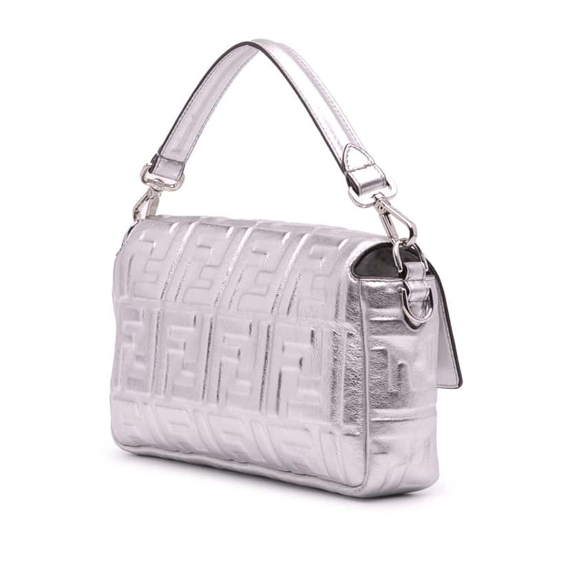 Fendi Zucca Embossed Leather Baguette Satchel Silver Leather Good condition - Back View