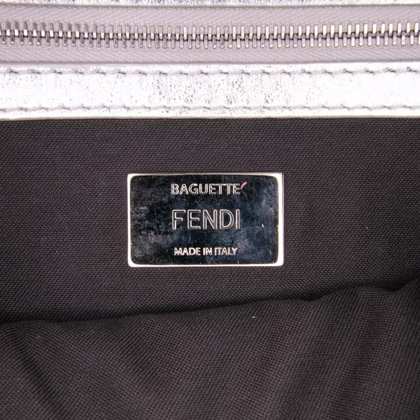 Fendi Zucca Embossed Leather Baguette Satchel Silver Leather Good condition - Box View