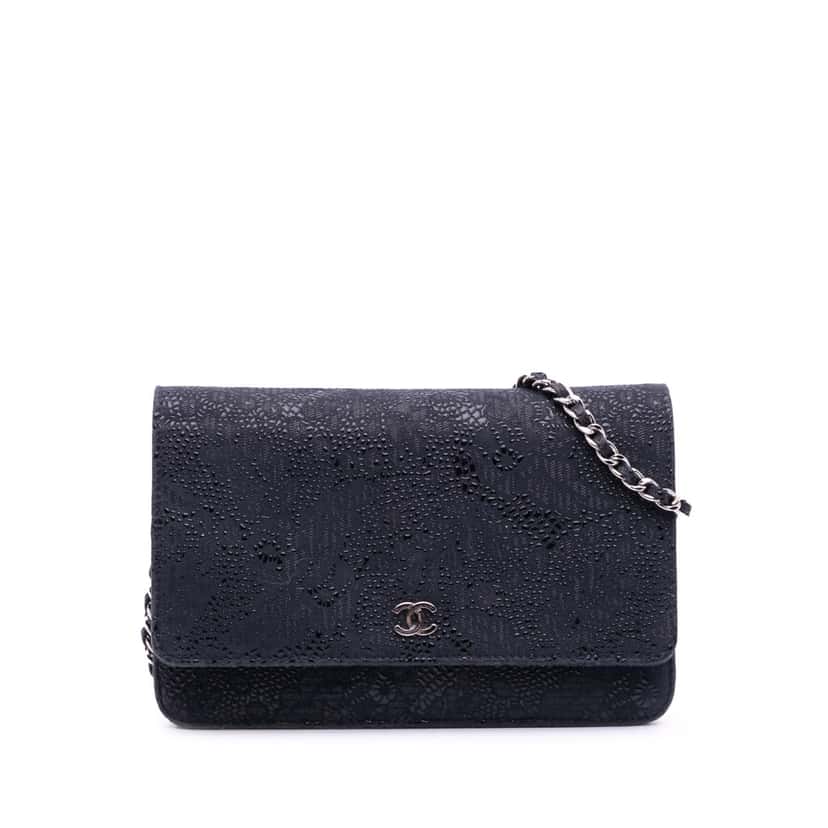 Chanel Lace Overlay Goatskin Wallet On Chain Blue Leather Good condition - Front View