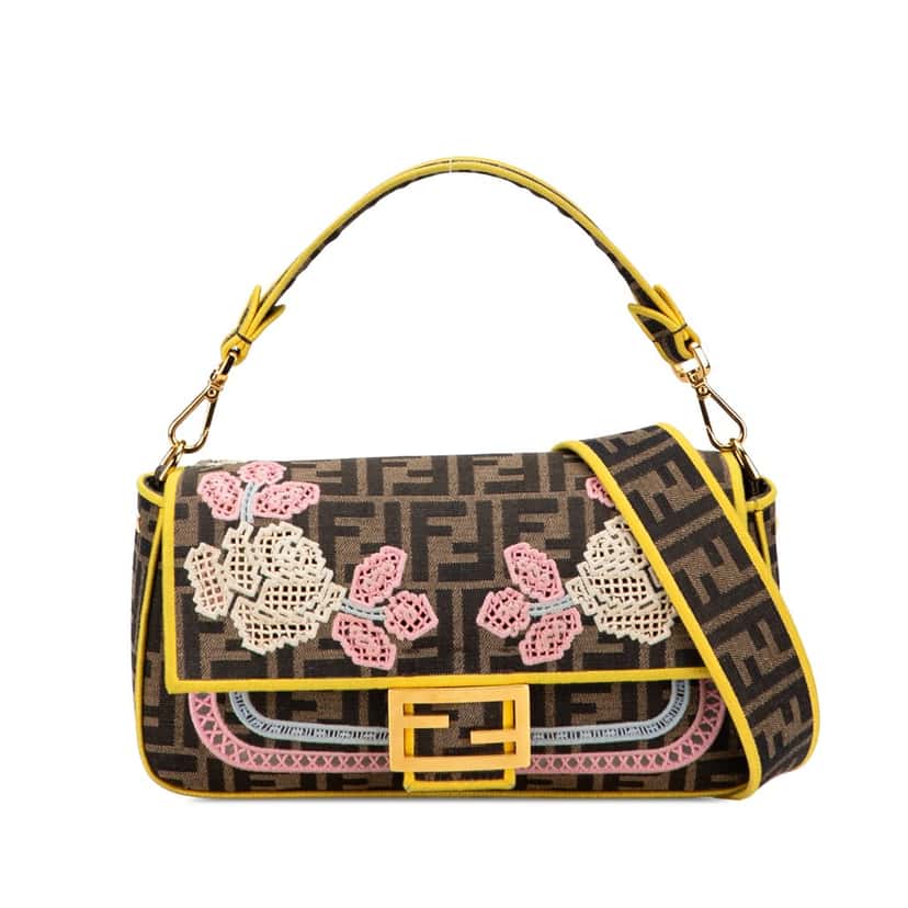 Fendi Zucca Embroidered Canvas Floral Baguette Satchel Brown Canvas Good condition - Front View