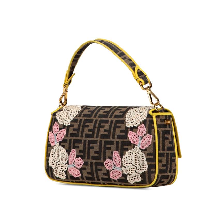 Fendi Zucca Embroidered Canvas Floral Baguette Satchel Brown Canvas Good condition - Back View